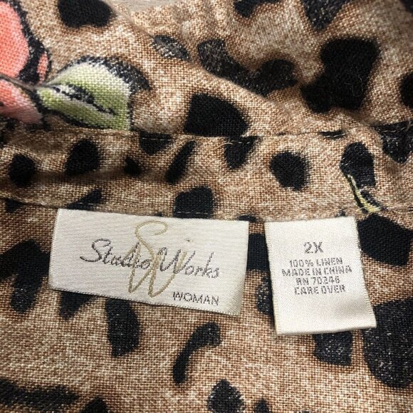 Vintage Studio Works Womens Size 2X Linen Cheetah Floral Button‎ Up Shirt Blouse - Picture 4 of 5
